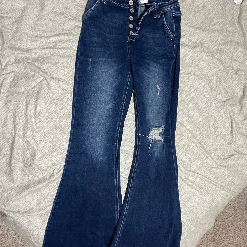 KanCan Dark Blue High-Rise Button-Fly Flare Jeans with Distressed Knee